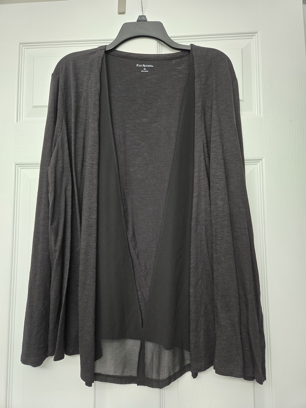 Kim Rogers Dark Gray Open-Front Lightweight Cardigan With Sheer Trim